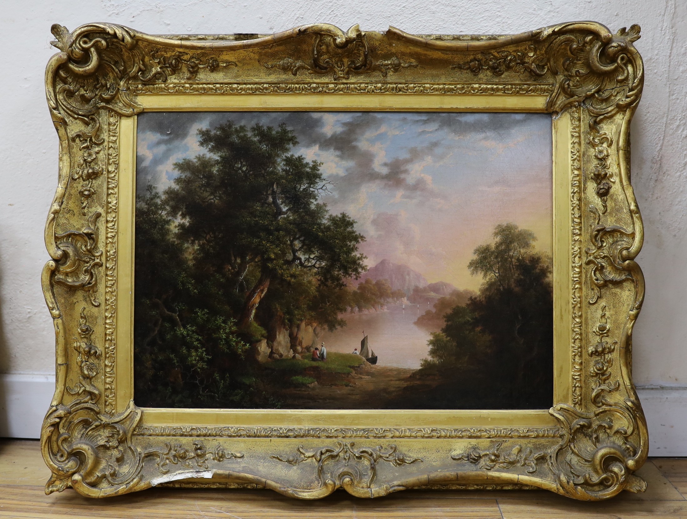 19th century English School, oil on canvas, Wooded river landscape, 37 x 52cm